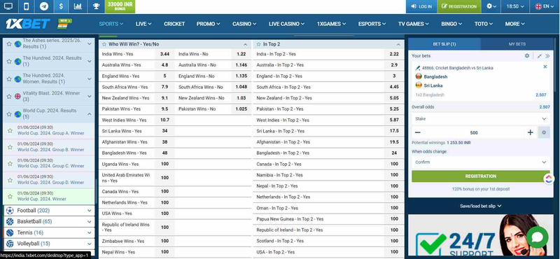  World Cup 2024 betting market for Bangladesh National Cricket Team on 1XBET